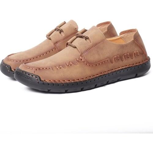 Handmade Leather Shoes Genuine Leather Mens Moccasin Man Flat Footwear Comfortable Lace Up Plus Large Size 38-48 Black Yellow