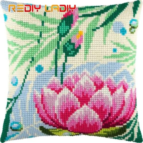 Cross Stitch Cushion Kit Lotus Flowers Pillow Case Pre-Printed Canvas Acrylic Chunky Yarn Needlepoint Cross-stitch Arts & Crafts