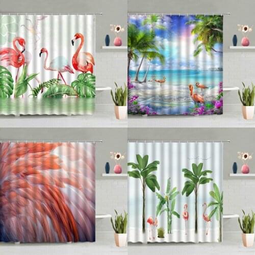 Flamingo Shower Curtain Set Tropical Plants Green Leaves Flowers Ocean Palm Trees Feather Bathroom Bathtub Decor Screen Washable