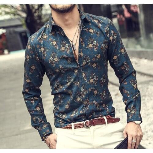 Tops M-3Xl 2021 New Mens Silk Satin Floral Printed Shirts Male Slim Fit Long Sleeve Flower Print Casual Party Shirt