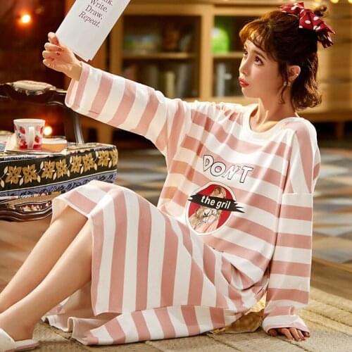 2020 Autumn Long Sleeve Cotton Long Dress Nightgowns for Women Casual Striped Sleepwear Night Gown Home Dress Nightdress Nighty