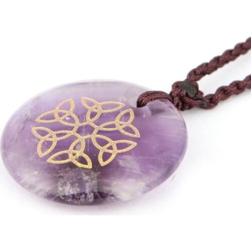 Natural Bronzing Carved Triangular Triqueta Symbols Round Pendant Necklace Gemstones Alphabet Beads Amethyst Jewelry for Women