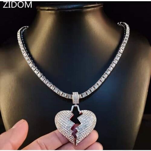 Men Women Hiphop Broke heart Pendant Necklaces 5mm tennis chain Hip Hop iced out bling necklace male charm fashion jewelry