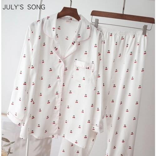 JULYS SONG 3PCS Womens Pajamas Sets Soft Cherry Faux Silk Satin Sleepwear Shorts Ladies Spring Summer Pajama Female Homewear