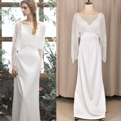 Two Pieces REAL PHOTOS Elegant V Neck Sheath Evening Slim Fit Gown Satin Wedding Dress Bride with Sequined Bling Coat #3001