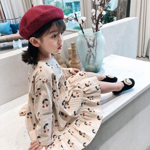 Baby Girls Cherry Print Dress Children Cotton Long Sleeve Spring Autumn Dresses 2-6Y Kids Clothes