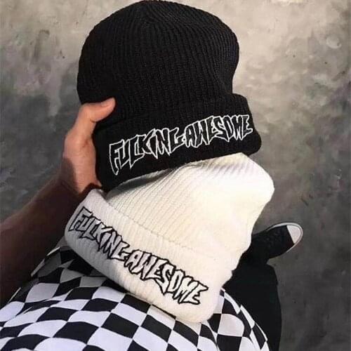 Fucking Awsome Knitted Beanies Hats Men Women Skullies Soft Elastic Cap Solid Sport Bonnet Winter Warm Ski Hats Swanowing