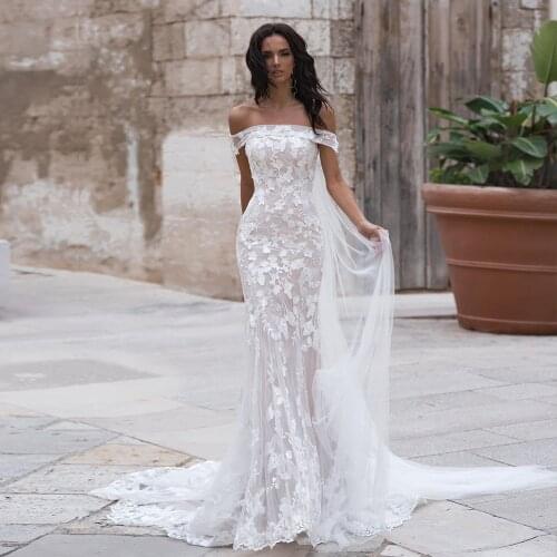 Robes De Mariage Tulle Mermaid Wedding Dresses Elegant Suknia Slubna Off the Shoulder Sukienka Na Wesele Boat Neck Bridal Gowns