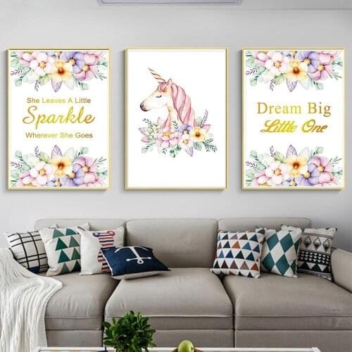 Nordic Modern Purple Wreath Unicorn English Background Wall Art Decoration Painting Watercolor Cartoon Animal Printe Posters