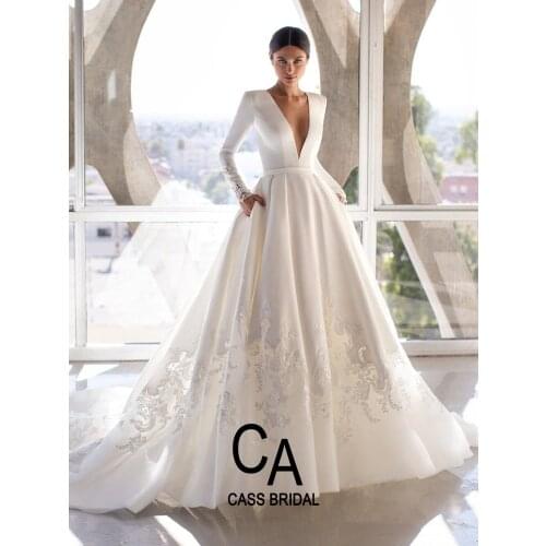 Ivory long sleeves wedding dress modest lace gown bridal deep v neckline lace appliques satin pleats plus size 2021