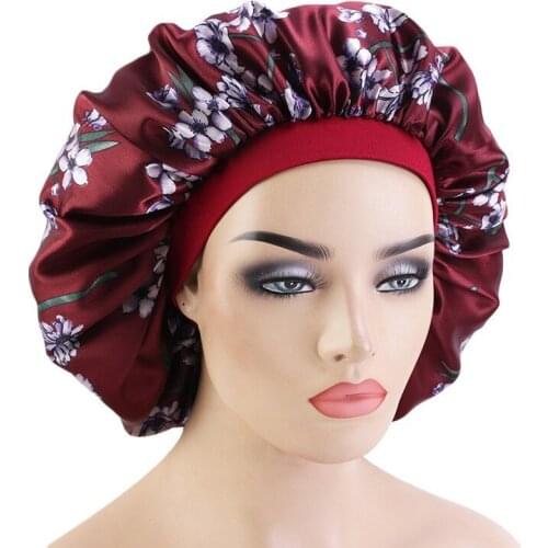 Extra Large Satin Floral Bonnets New Women African Printing Night Cap Wide Side Sleep Hat Female Wrapped Hair Beanies Elastic