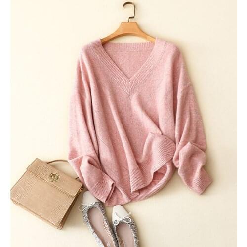 100% cashmere sweater women fashion v neck pink sweaters long sleeve knit loose ladies elegant cosy winter knitwear