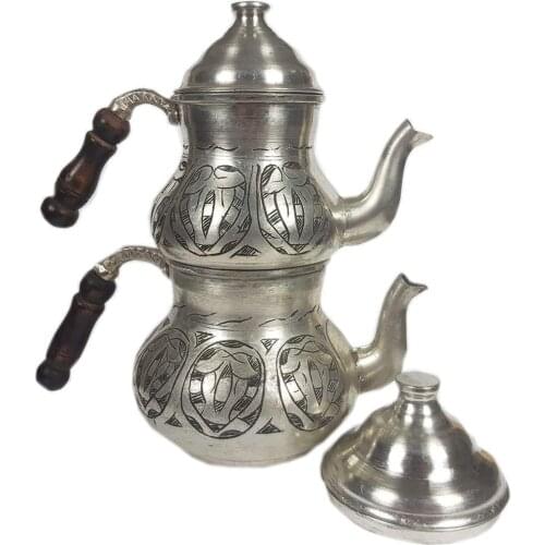 Turkish Copper TeaPot Kettle for Stovetop as Tea Pots - Handmade Stainless Whistling Vintage (1.7L-1L, Silver Art1)