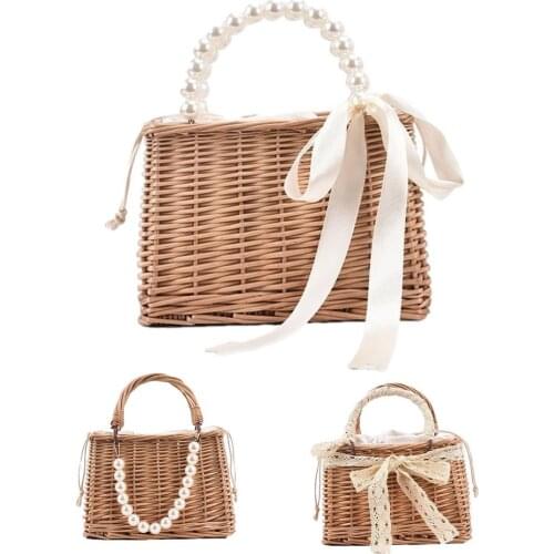 2021 New Straw Bags Fashion Beach Rattan Woven Tote Handbags For Women Beach Rattan Woven Tote Pearls Weaving Handbags For Women