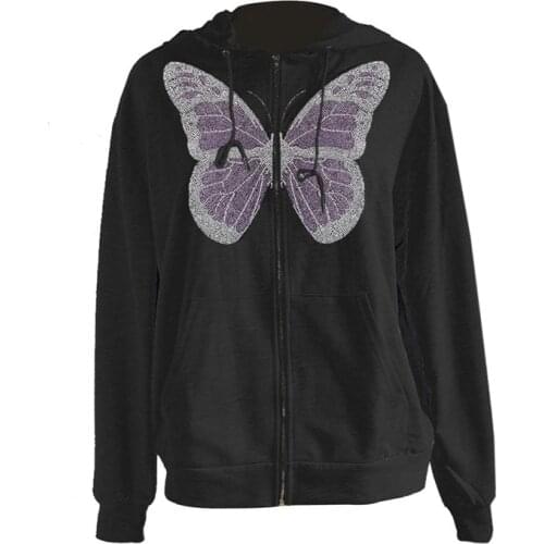 Women’s Fashion Loose Zip Up Hoodies Casual Long Sleeve Rhinestone Graphic Sweatshirts Autumn Harajuku Hoodies