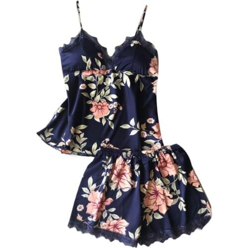 Women Floral Leaves Print Sleepwear Set Padded Camisole Lace Trim Elastic Shorts