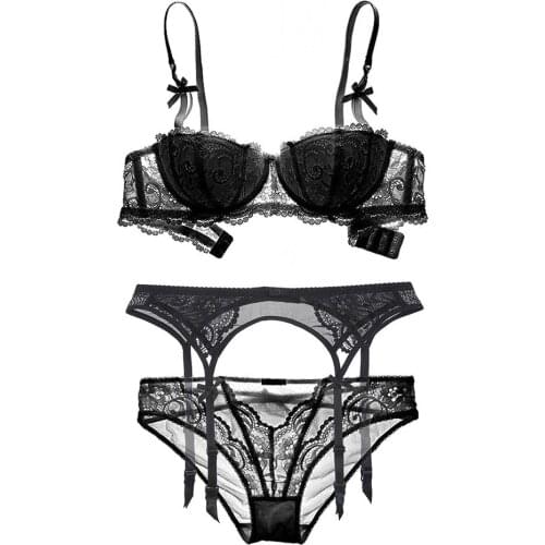 Sexy Lace Bra Set with Garter Women Half Cup Push Up Bra and Panties Three Piece Suit HOT SEXY LINGERIE