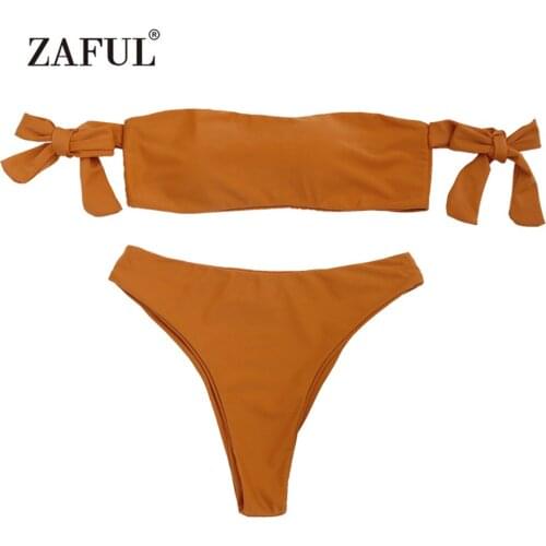 ZAFUL Bikini Off The Shoulder High Cut Bandeau Bikini Set Womens Swimsuit Solid Swimwear Off The Shoulder Padded Biquni Beacher