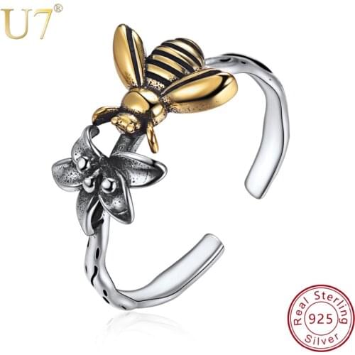 U7 Genuine 100% 925 Sterling Silver Cute Bee Flower Open Ring for Women Adjustable Rings Valentine Gift Wedding Jewelry SC264