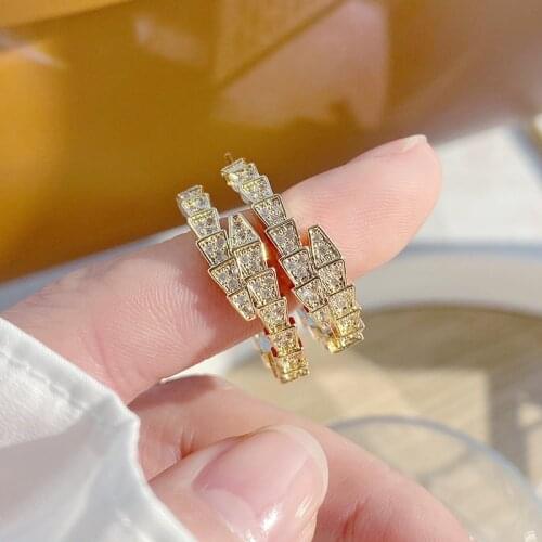 2021 New Arrival 14K Real Gold Snake Stud Earrings for Women Luxury Zircon Geometric Earrings