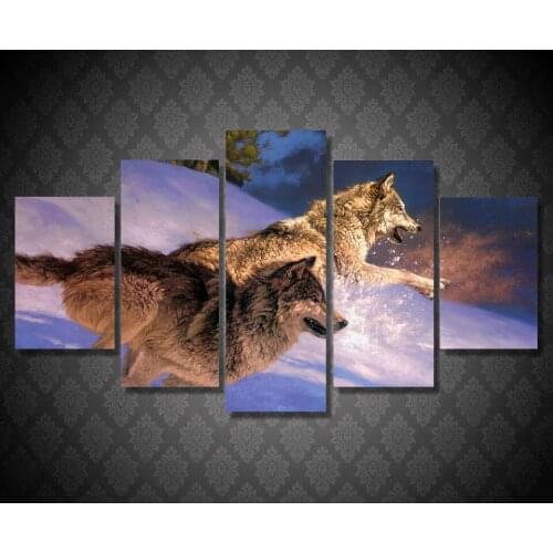 5 Pieces/set Two Wolves Running In The Snow Modern Home Wall Decor Canvas Picture Art HD Print Painting On Canvas Artworks