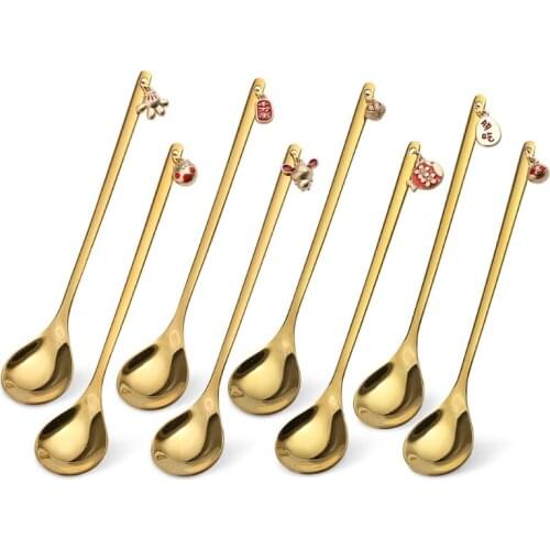 8pcs Stainless Steel Coffee Spoon hinese New Year design Ornaments Soup Teaspoons Mixing Stirrer Kitchen Tableware Gift