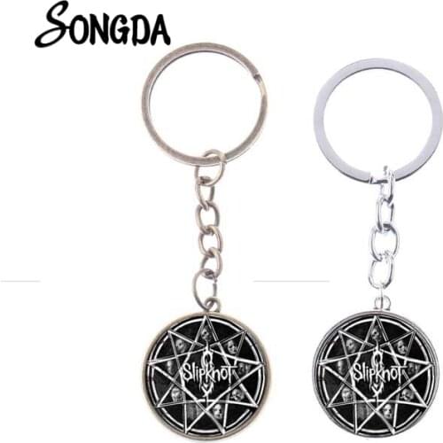 Punk Slipknot Band Badge Keychain Music Rock Band Logo Glass Cabochon Gem Long Key Ring Chain Hot Hip Hop Style Ornaments