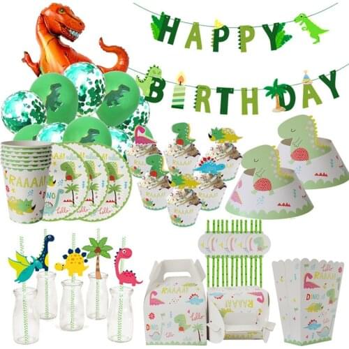 Dino Party Supplies Dinosaur Balloons Paper Straws Disposable Tableware Set Kids Boy Birthday Party Decoration Jungle Party