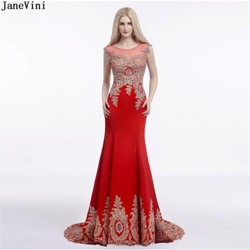 JaneVini Gorgeous Red Mermaid Bridesmaid Dresses Scoop Neck Gold Lace Applique Beaded Sheer Back Satin Arabic Formal Party Gowns
