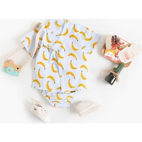 Newborn Baby Girls Boys Outfits Short Sleeve Tie Wrap Kimono Bathrobe Tops and Shorts Pants Cartoon Fruit Print 2Pcs Set 69HE