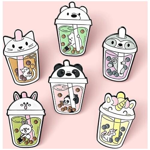 Cute Cartoon Animal Cup Pearl Milk Tea Metal Enamel Brooch Fashion Fun Rabbit Unicorn Badge Unique Lapel Backpack Jewelry Gift