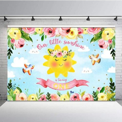 Cute Sun Happy 1st Birthday Backdrop Pink Watercolor Flower Blue Sky White Clouds Photography Background First Birthday Banner