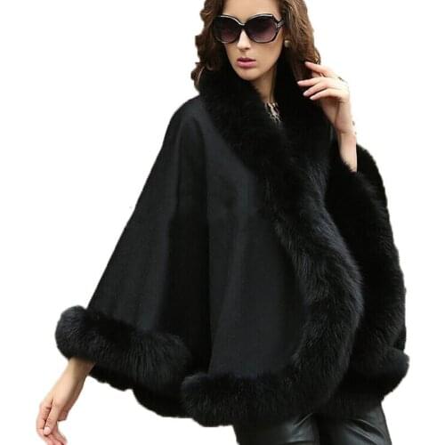 Wraps Ladys Genuine Shawl Real Cashmere Genuine Fox Fur Coat Cloak Women Winter Warm Poncho/ Cape BLACK