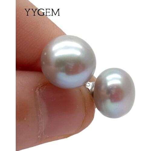 YYGEM Natural Cultured Gray freshwater Pearl Semi Round AAA Grade Multi Color 925 Silver Stud Earrings