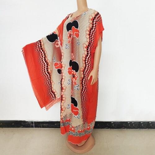 2021 Africa Dress Women Dashiki Maxi Dress African Floral Print Clothing Bazin Loose Casual Summer Short Sleeve Hijab Scarf Set