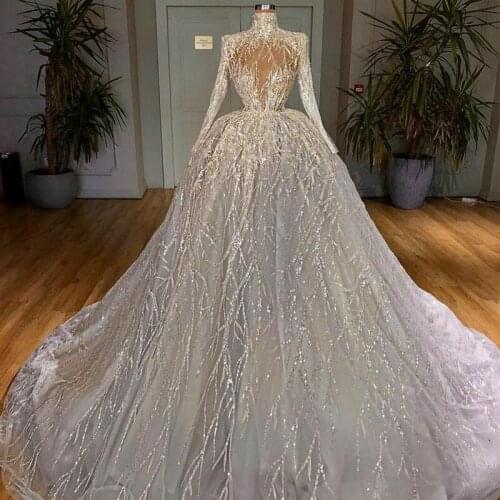 Luxury Crystal Beading Ball Gown Wedding Dresses High Collar Long Sleeve Sequins Bridal Gowns Illusion Backless Sweep Train Wedd