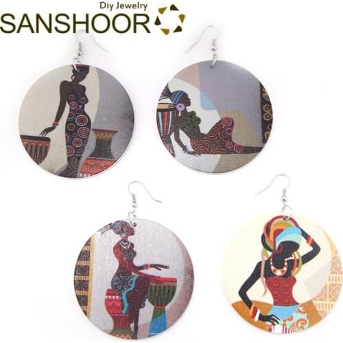 SANSHOOR Printed African Tribe Wood Drop Earrings Afrocentric Ethnic Black Woman Headwrap For Ladies Valentines Day Gift 1pair