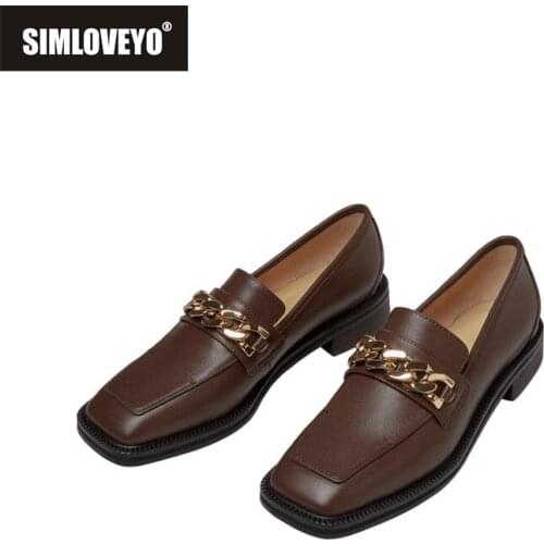 SIMLOVEYO Genuine Leather Flat Toe Med Heel Comfortable Shoes British Style Metal Chain Decoration Loafers Women Pumps Size 3