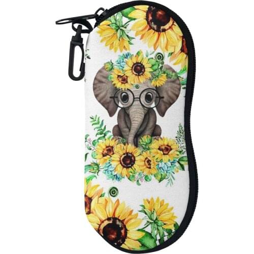 Sunglasses Eyeglass Zipper Bag Hippie Animal Sunflowers Leaves Pattern Soft Neoprene Eyeglass Pouch Storage Bag with Lanyard