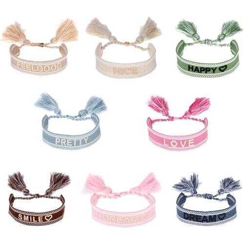 8 Pcs Vintage Handmade Tassel Letter Embroidery Bracelets Set Retro Hand-woven Wide Braided Bracelet Gift Friendship Jewelry
