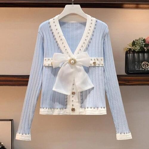 2021 Autumn Winter Designer V-Collar Knitting Top Women Fashion Beading Sweet Bowknot Splicing Vintage Sweater Coat