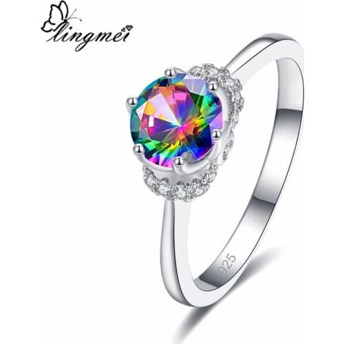 Lingmei Simple Style New Pretty Fashion Round Cluster MultiWhiteBlue Zircon Silver Color Ring Size 6-9 Women Jewelry