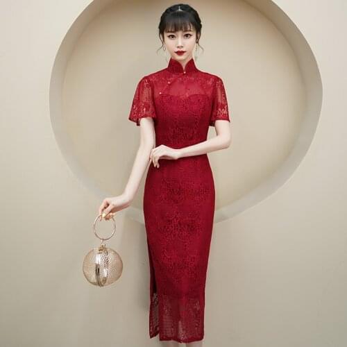 Women’s Summer Wine-Red Short-Sleeves Toast-Bride-Engagement Lace Cheongsam Daily Wear Dress