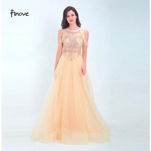 Finove Prom Dress Long 2020 In Women' Dresses Chic Halter Neck Line Off The Shoulder Tulle Beaded Sexy V Back vestido de fiesta