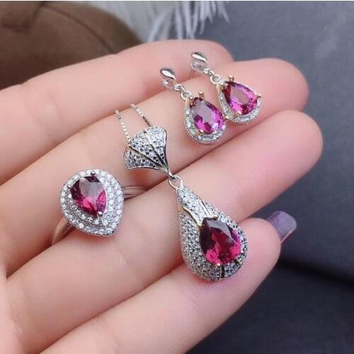 100% Natural And Real Garnet Set 925 Sterling Silver 1pc Ring,2pcs Earring,1pc Pendant Party Jewelry