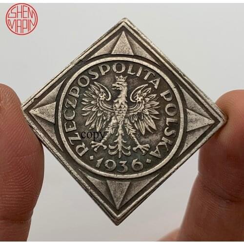 1936 Poland Hobo Nickel Coin 5 Zlotych Copy Coin 34mm Square Copper Coins Collectibles