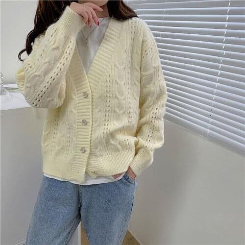2021 autumn and winter new short cut openwork ladies cardigan sweater V-neck solid color short coat knitted womens clothing