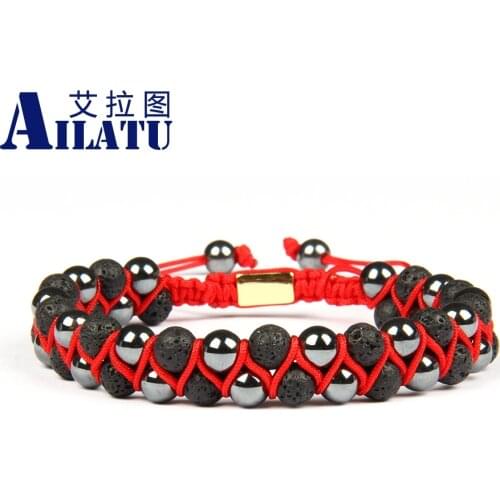 Ailatu Men Bracelet Double Raw Beaded 6mm Multicolor Hematite & Lava Rock Stone Beads Macrame Friendship Bracelet 10pcs/lot