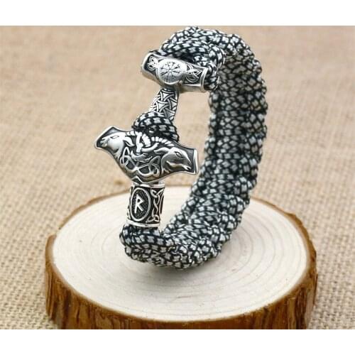 Stainless Steel Double Goat Head Hammer Bracelet Viking Rune Letters Rune Beads Amulet Camouflage Umbrella Rope Braided Bracelet