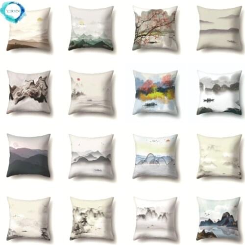 Chinese Landscape Painting Decorative Cushion Cover Polyester Pillow Cover for Room Sofa Couch Pillowcase 45x45cm Home Decor